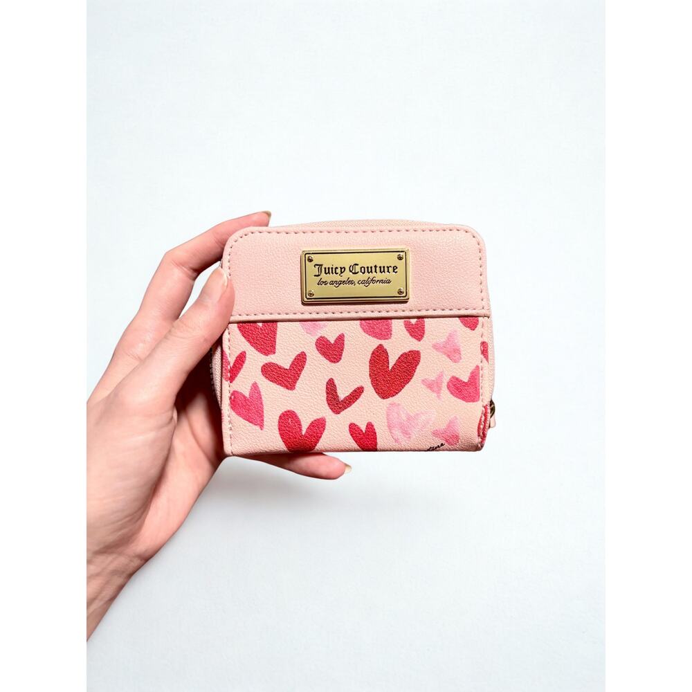 Juicy Couture Blush Pink Heart Print Wallet with Gold Plaque Logo Cardholder